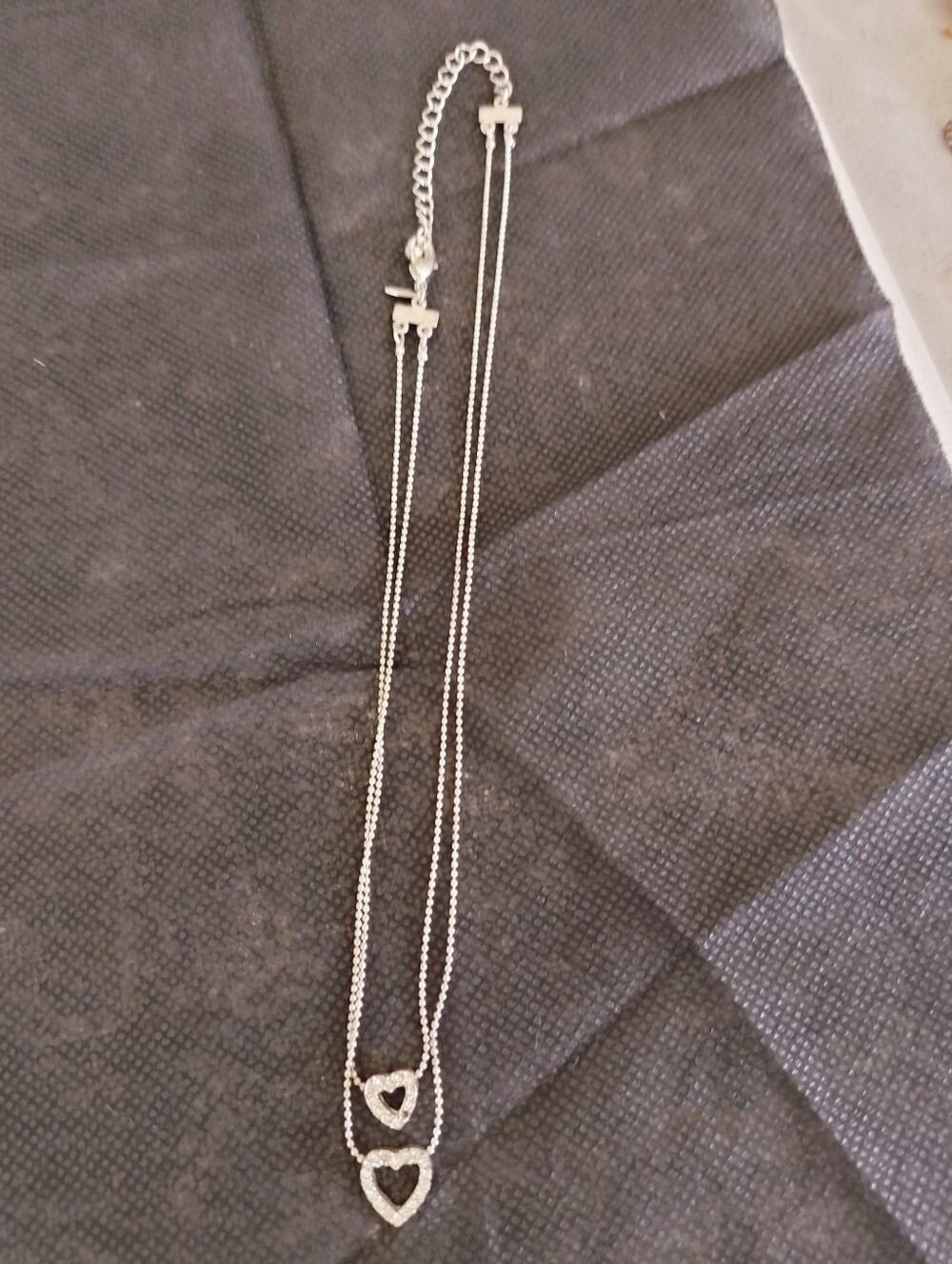Vintage Avon Silvertone Double-Strand Rhinestone Double Heart Necklace Signed